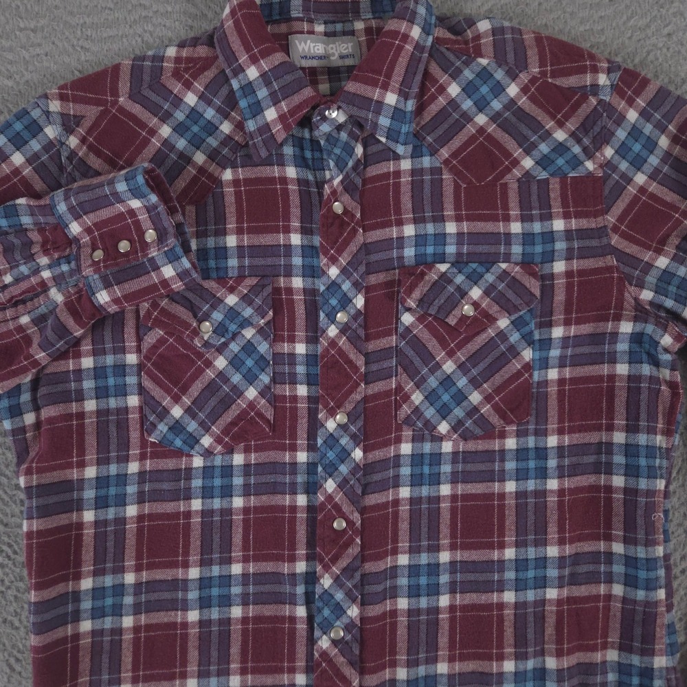 Wrangler Shirt Mens‎ Large Maroon Wrancher Flannel Pearl Snap Plaid Western Yoke